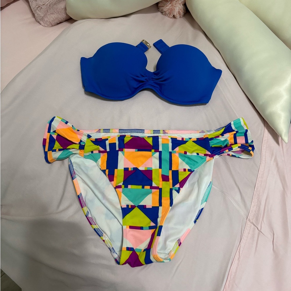 Victoria Secret Bright Blue Strapless Bikini Top with Multi Geometric Bottoms